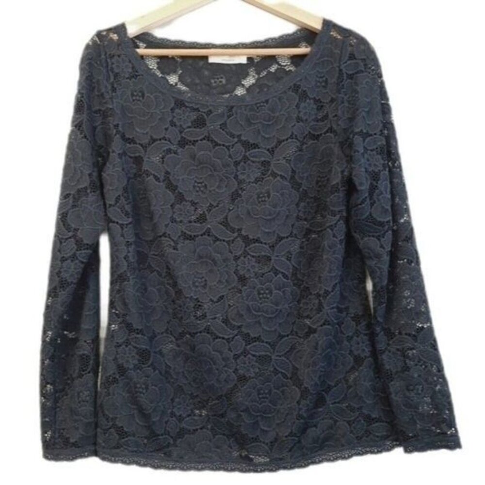 ROSEMUNDE \ Lace Blouse Stretchy Sheer Floral Navy Sz  M